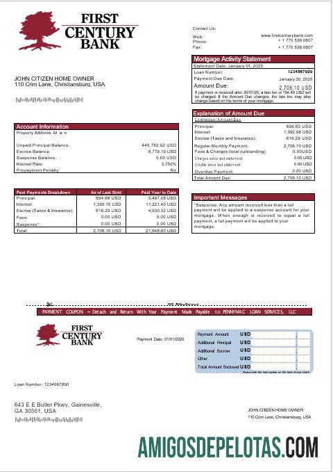Extrato de hipoteca do banco Georgian Gainesville First Century dos EUA em formatos Word e PDF amostra